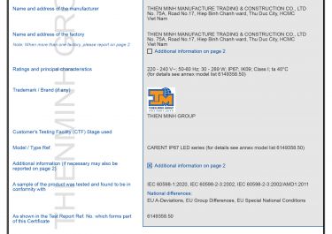 CHỨNG NHẬN IEC CB - ĐÈN CARENT IP67 LED