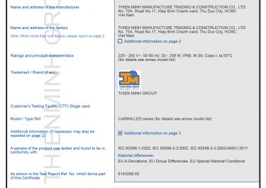 CHỨNG NHẬN IEC CB - ĐÈN CARINA LED