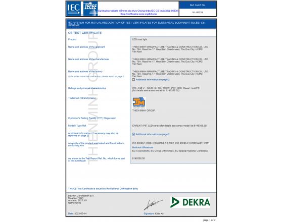 CHỨNG NHẬN IEC CB - ĐÈN CARENT IP67 LED