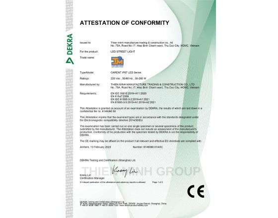 CHỨNG NHẬN CE - ĐÈN CARENT IP 67 LED