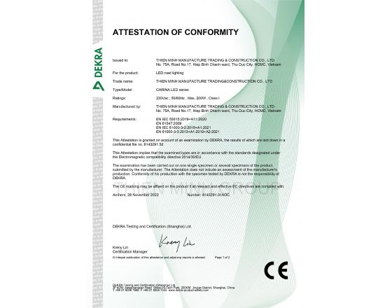 CHỨNG NHẬN CE - ĐÈN CARINA LED