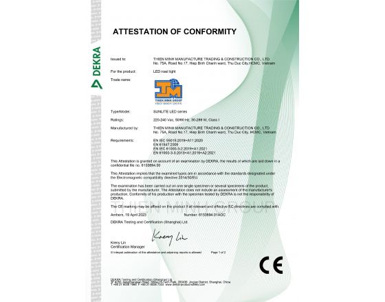CHỨNG NHẬN CE - ĐÈN SUNLITE LED
