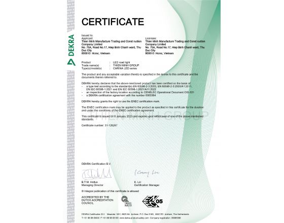 CHỨNG NHẬN ENEC - ĐÈN CARINA LED