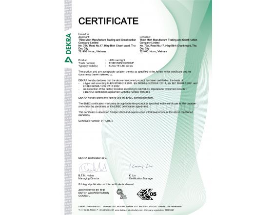 CHỨNG NHẬN ENEC - ĐÈN SUNLITE LED